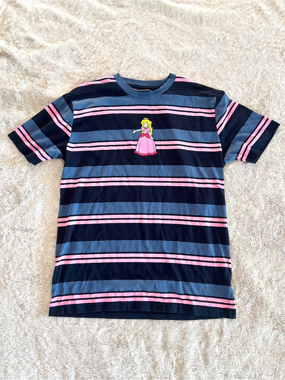 SUPER MARIO Princess Peach Pink & Blue Striped T-Shirt Size M